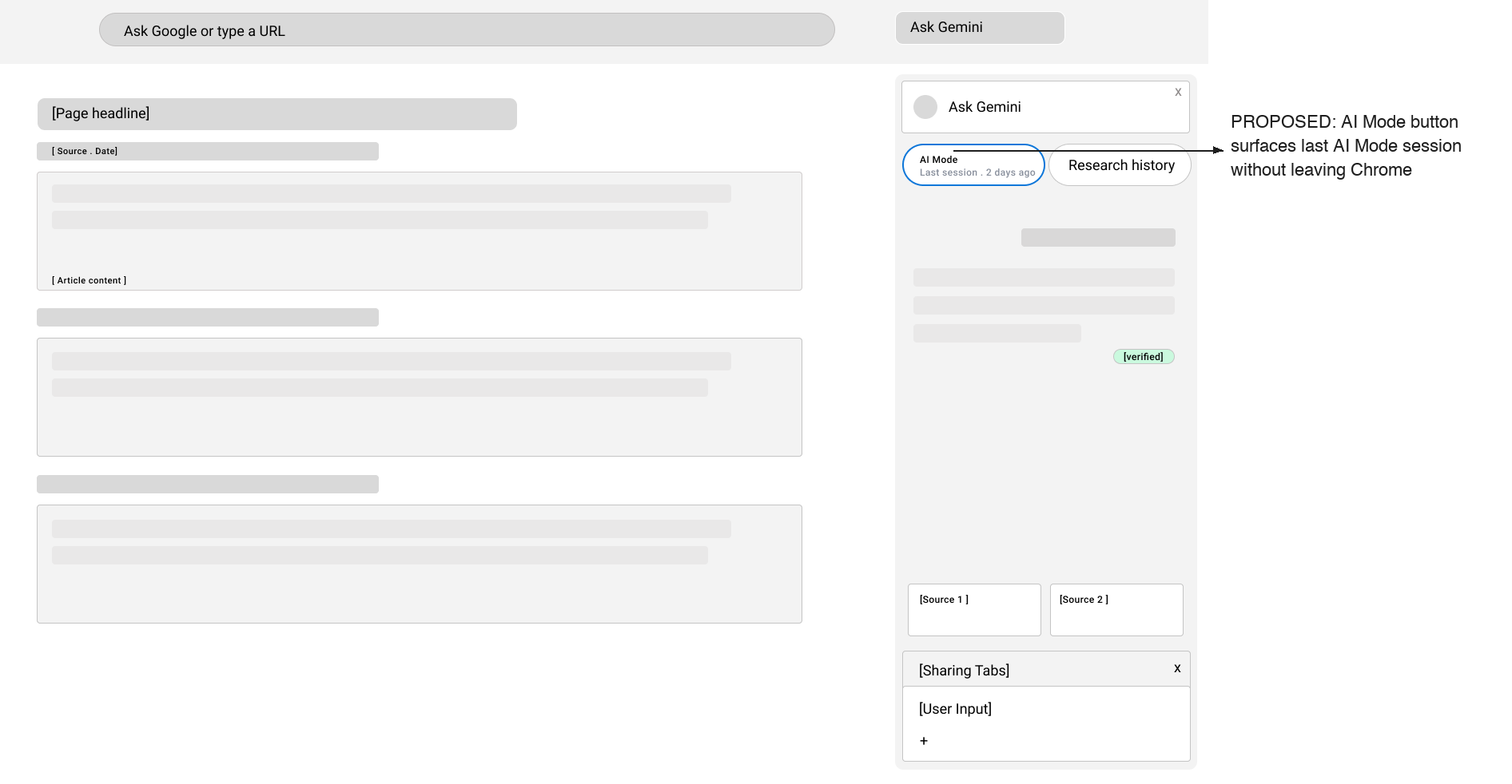 Low fidelity prototype - Gemini for Chrome unified research surface